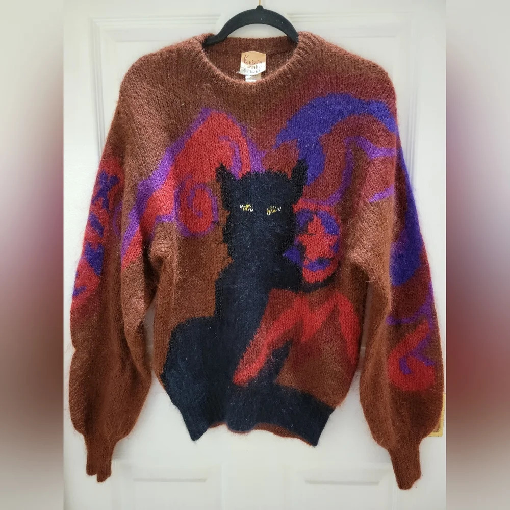 Krizia Magiia Garfinckels Felix Black Cat Vintage Mohair Sweater Italy Size 40